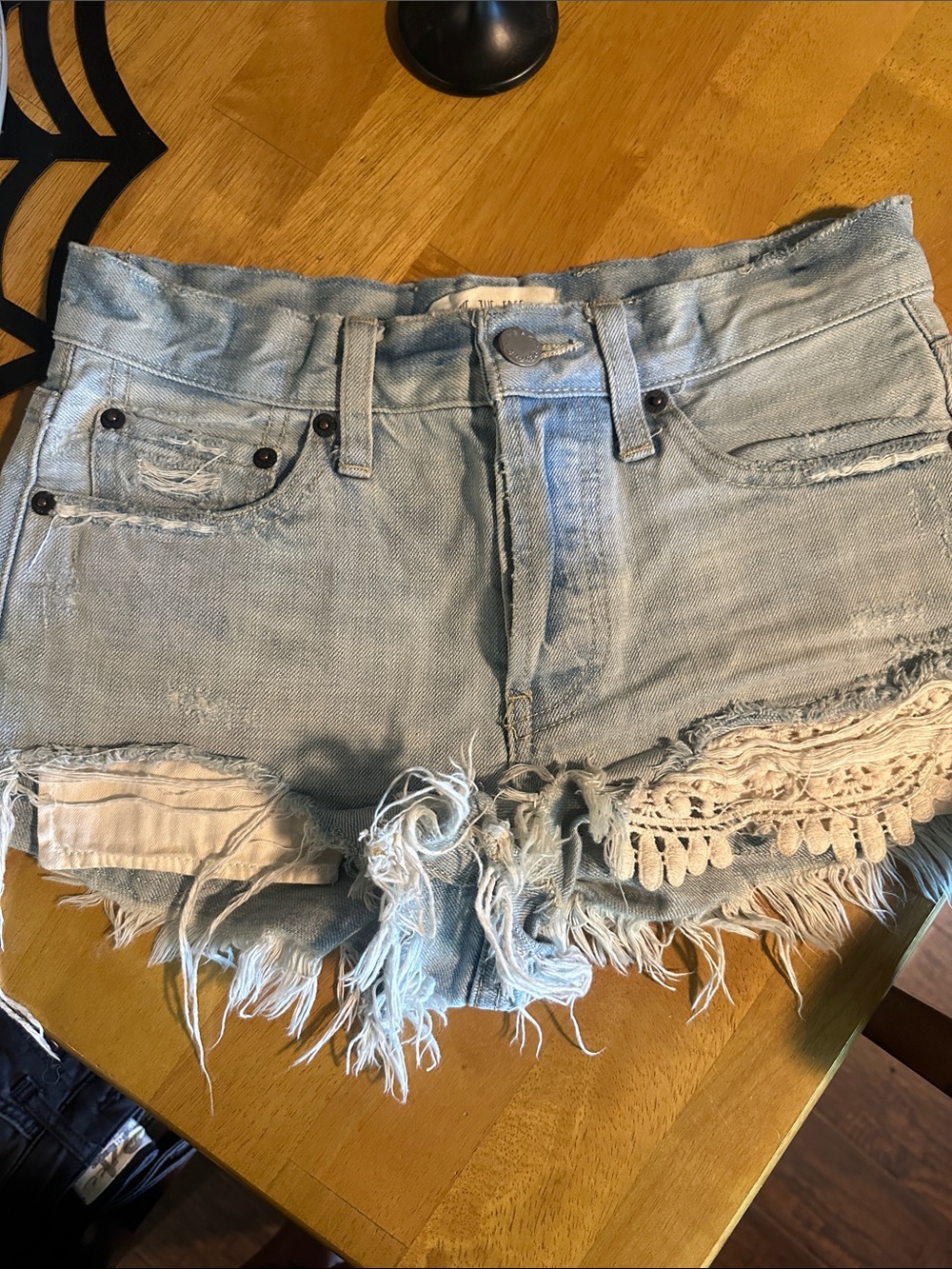 Free People Light Blue Distressed Denim Crochet-Trim Shorts